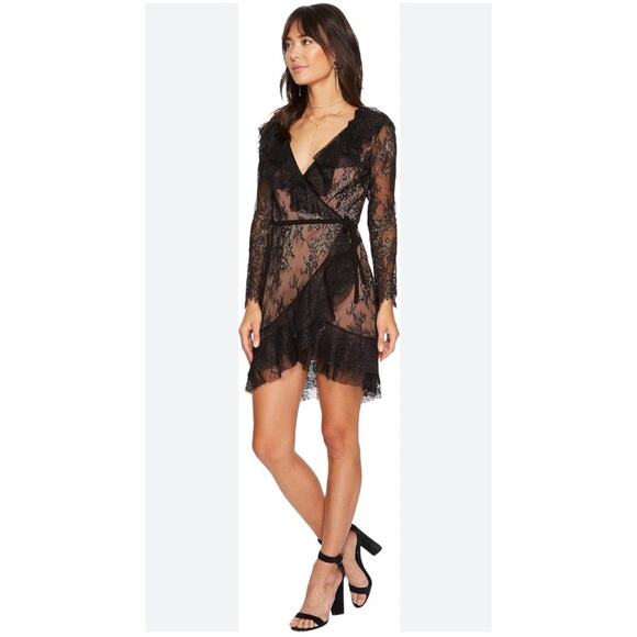 NWT For Love & Lemons Daphne Lace Wrap Mini Dress Black Nude Sheer Ruffle M - Picture 5 of 9